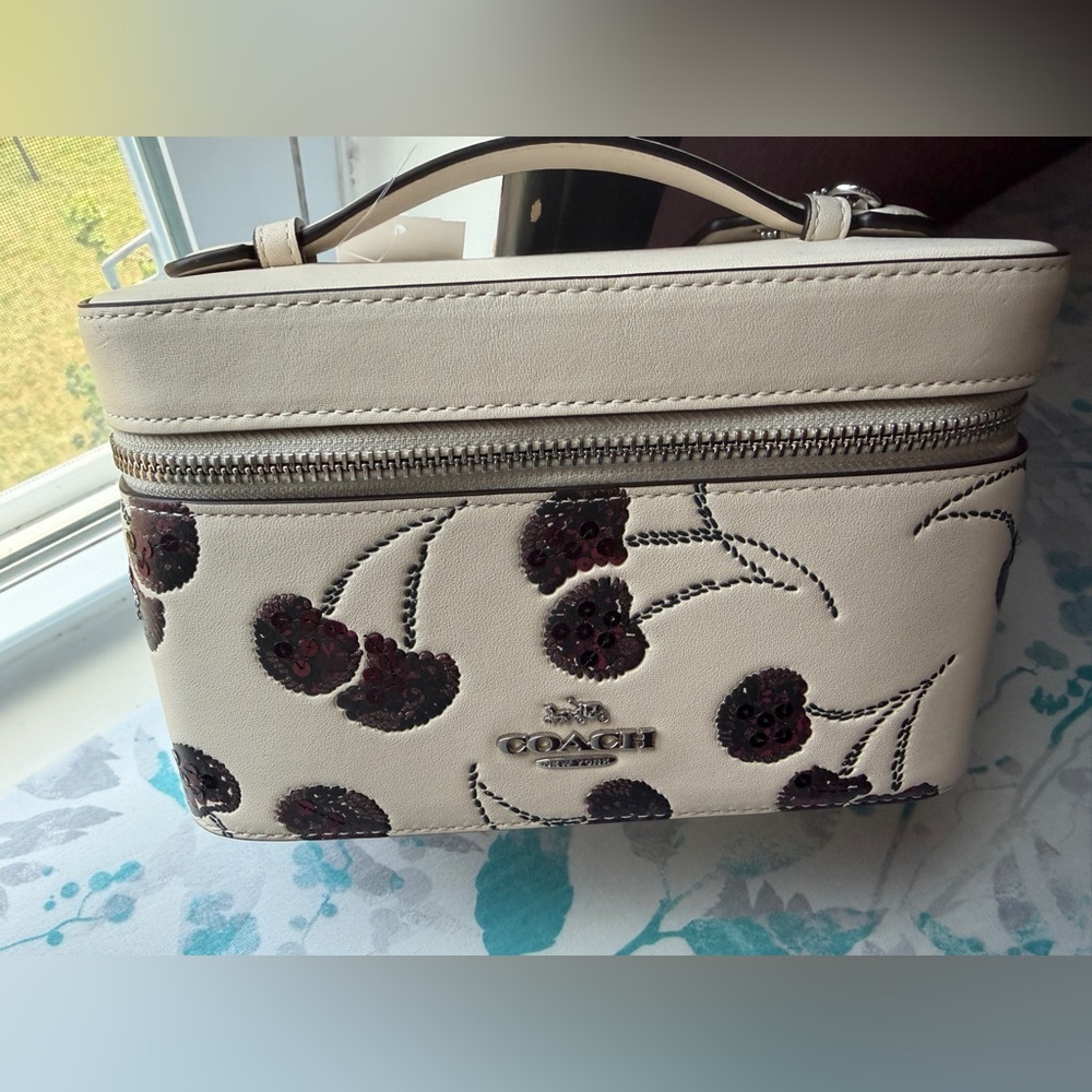 Coach Cream Floral Sequin Top Handle Cosmetic Case